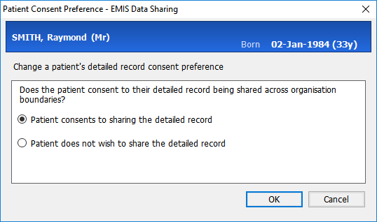 Patient Consent Preference screen for EMIS data sharing