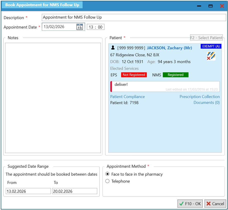 The Book Appointment for NMS Follow Up screen