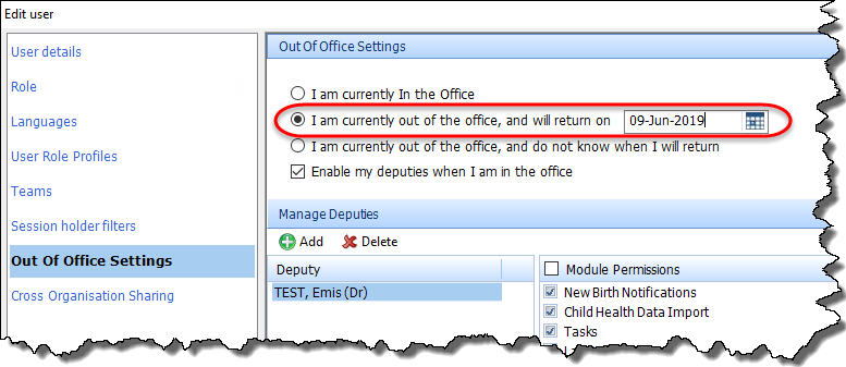 The Out Of Office settings section of the Edit user screen with an out of office date selected