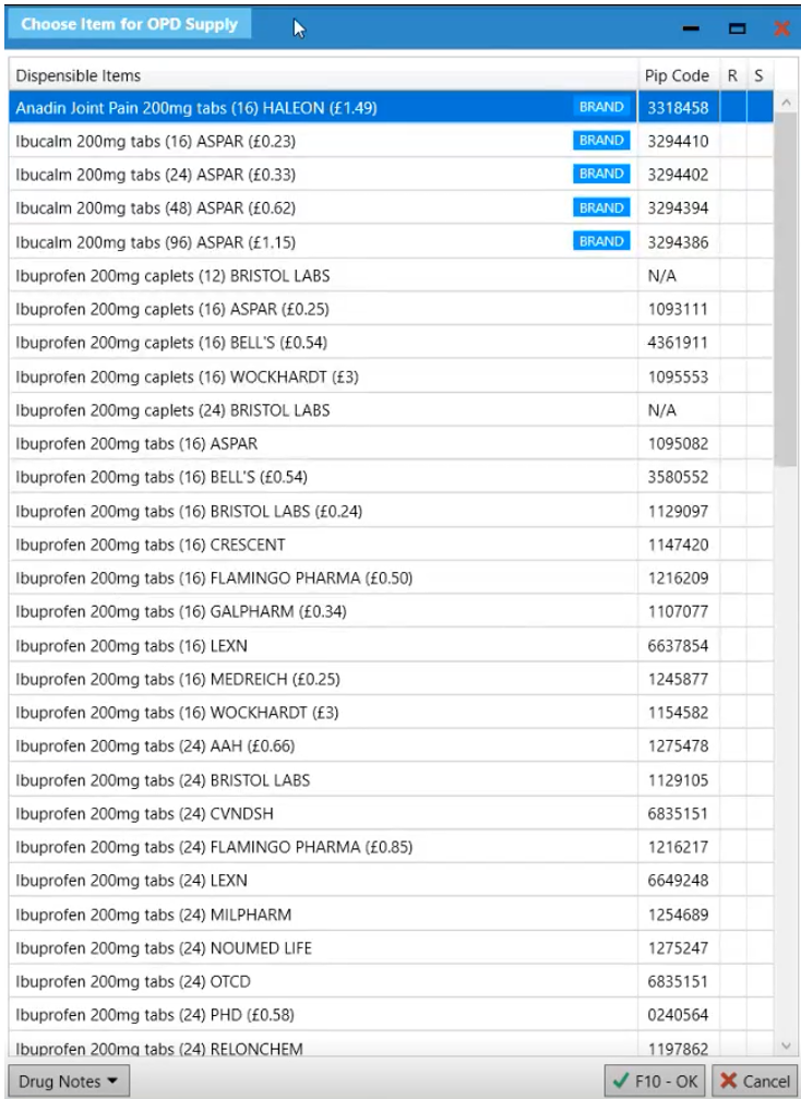Choose Item for OPD supply screen
