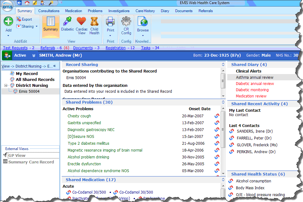 Care Record Summary screen, in Shared Records view with shared records pane expanded