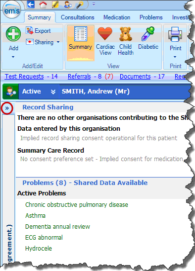 Care Record Summary screen, with icon for expanding shared records pane circled