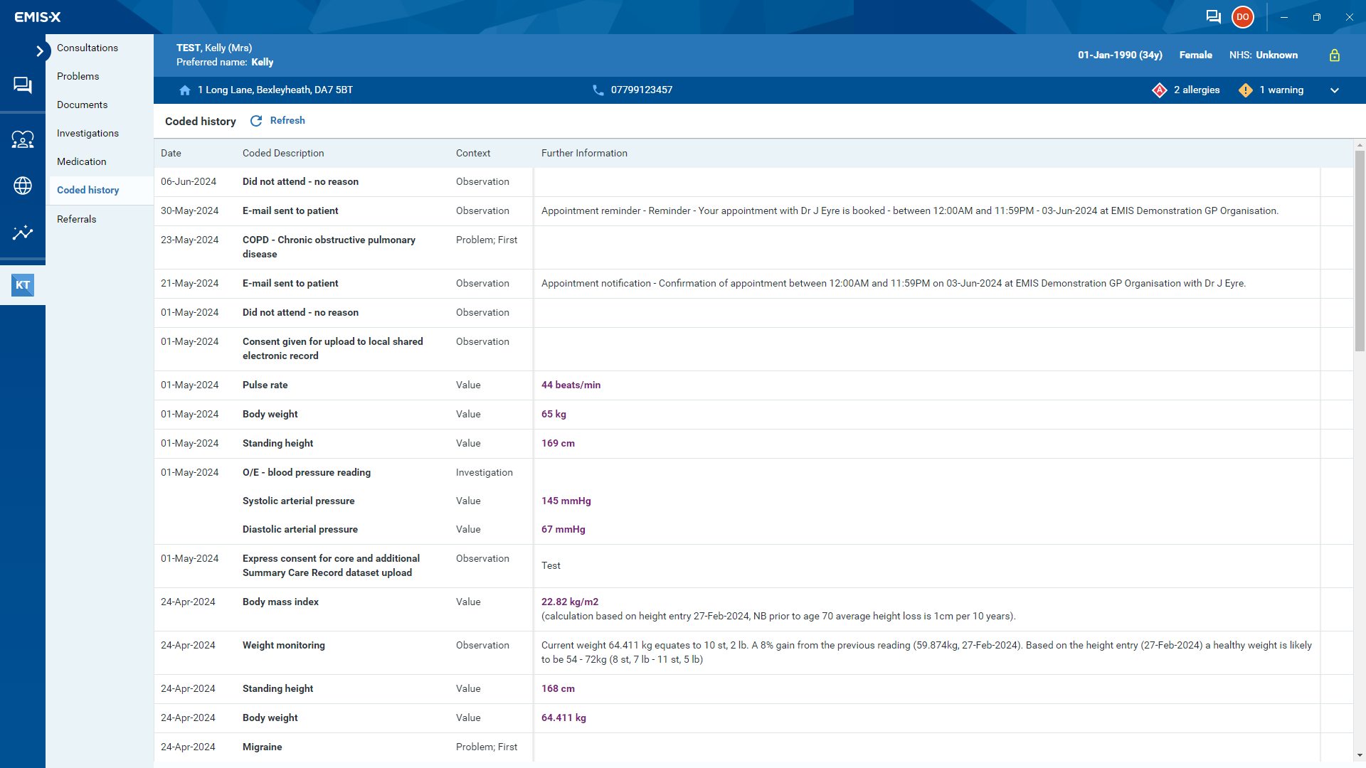 Coded history screen in EMIS-X companion app