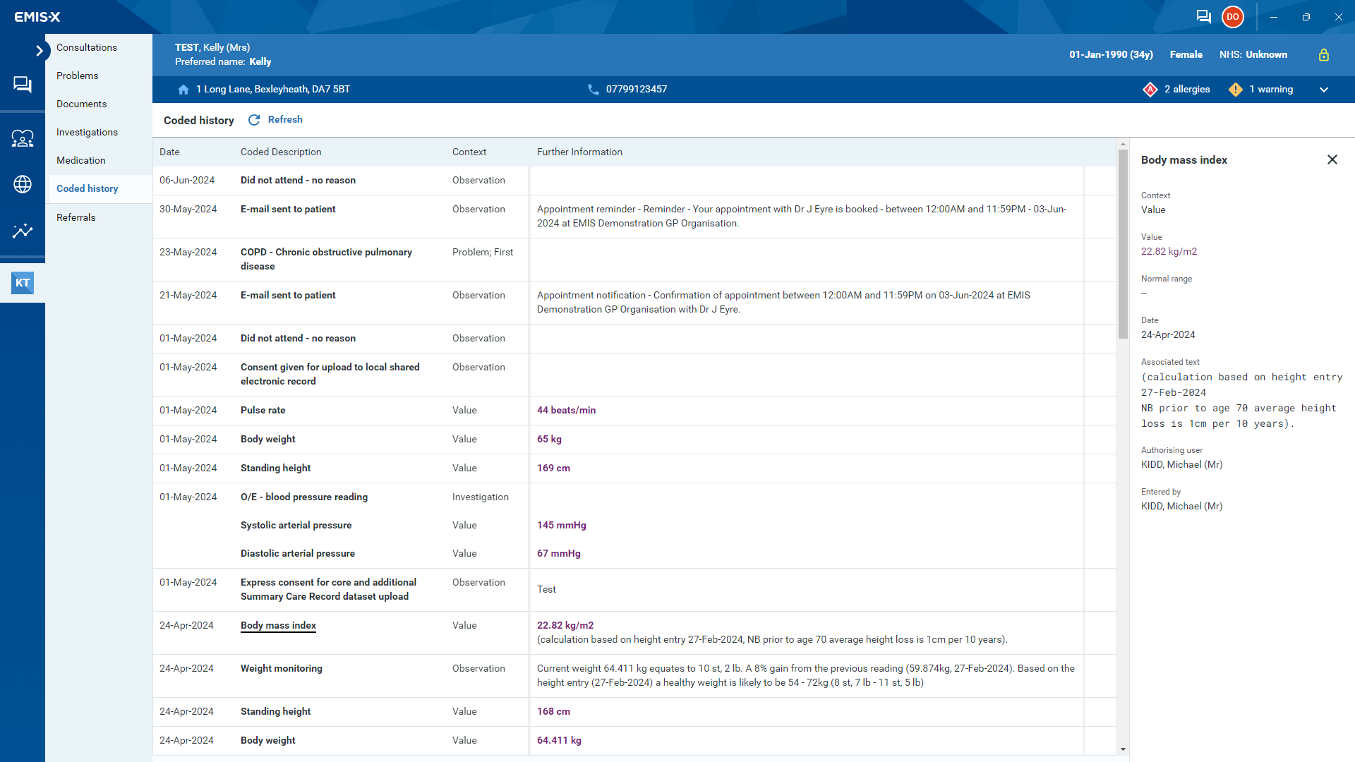 Coded history displaying detailed view pane
