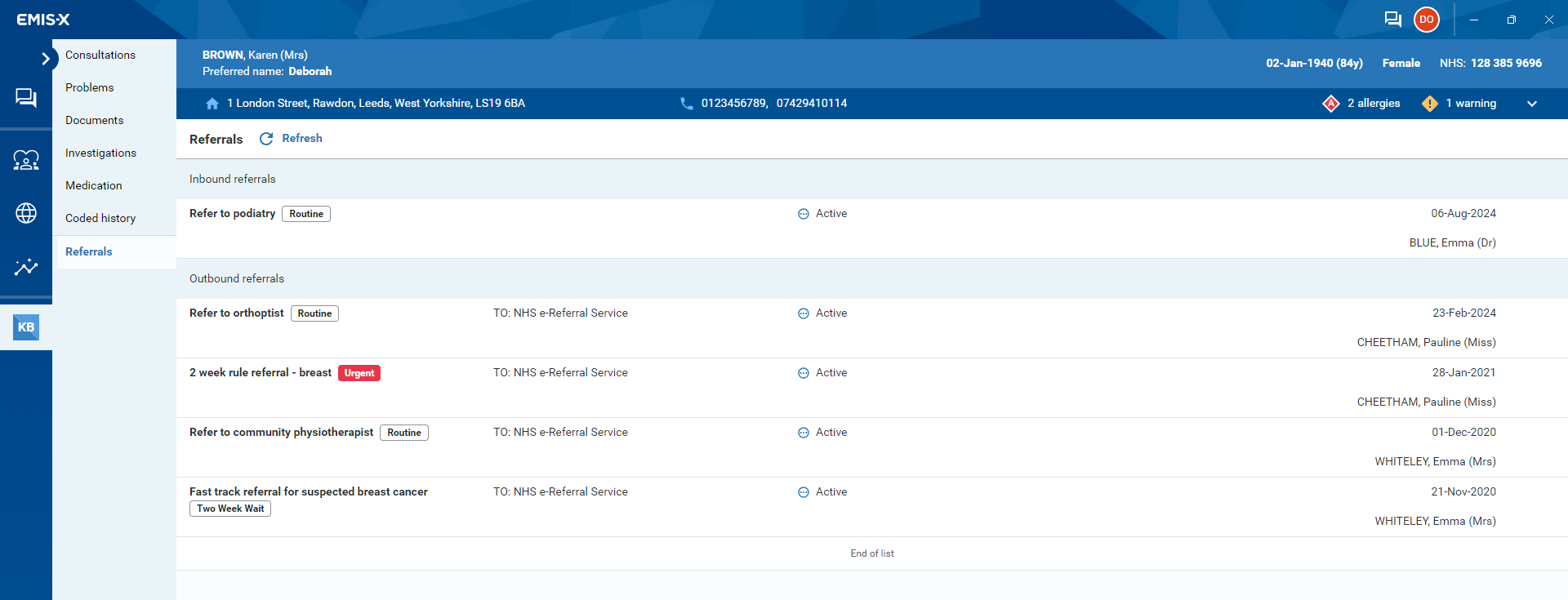 Referrals screen in EMIS-X companion app