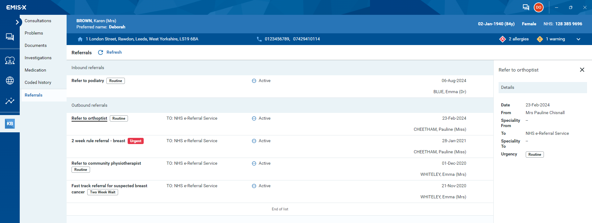 Referrals displaying detailed view pane