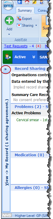 Care Record Summary screen, with shared records pane closed and expand icon circled