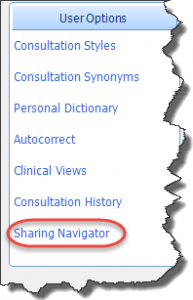 User options pane in CR Config, with Sharing Navigator circled