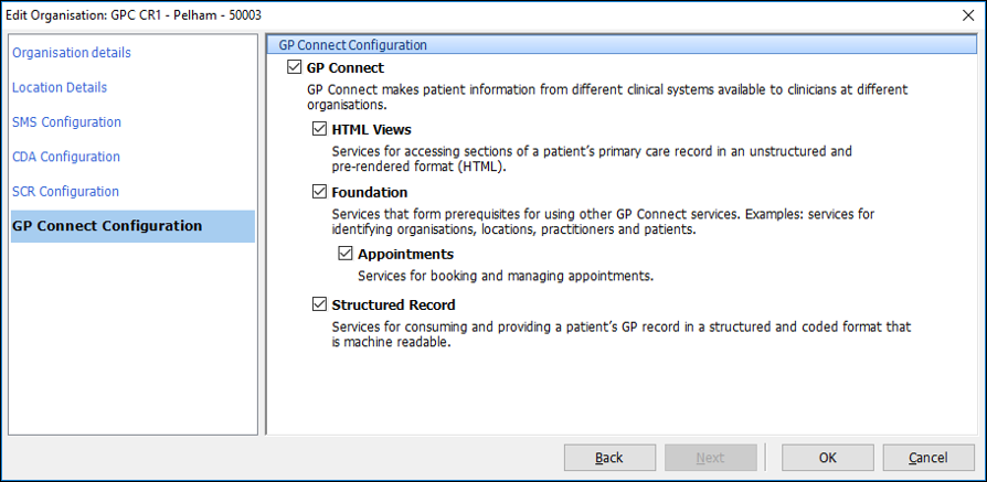 GP Connect Configuration screen