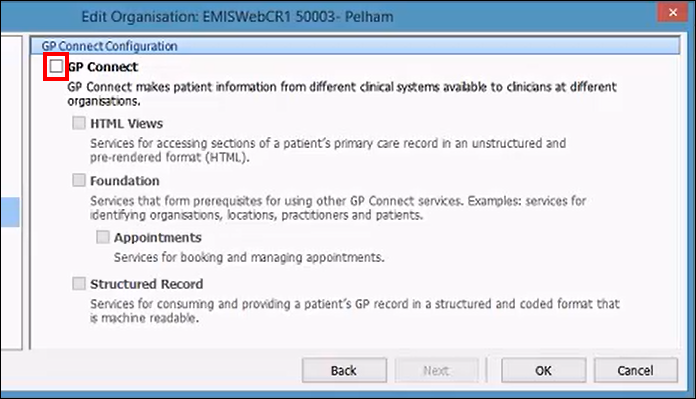 GP Connect Configuration screen with GP Connect box highlighted