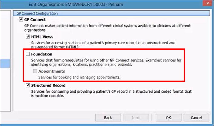 GP Connect Configuration screen with disabled service highlighted