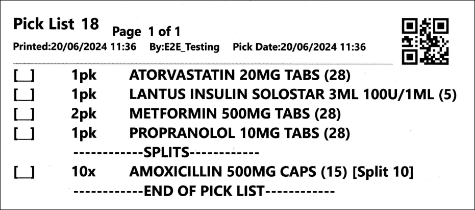An image showing an example of a printed picklist.