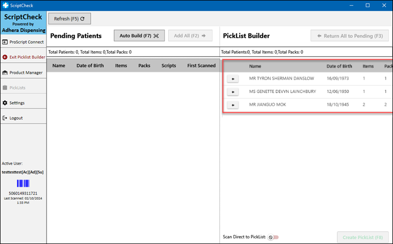 An image of the Pending patients window, where tokens that are scanned are displayed.
