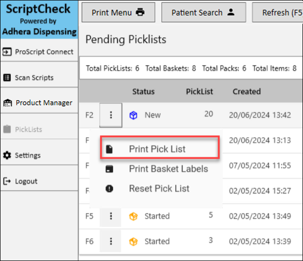 An image showing the Print Picklist option.