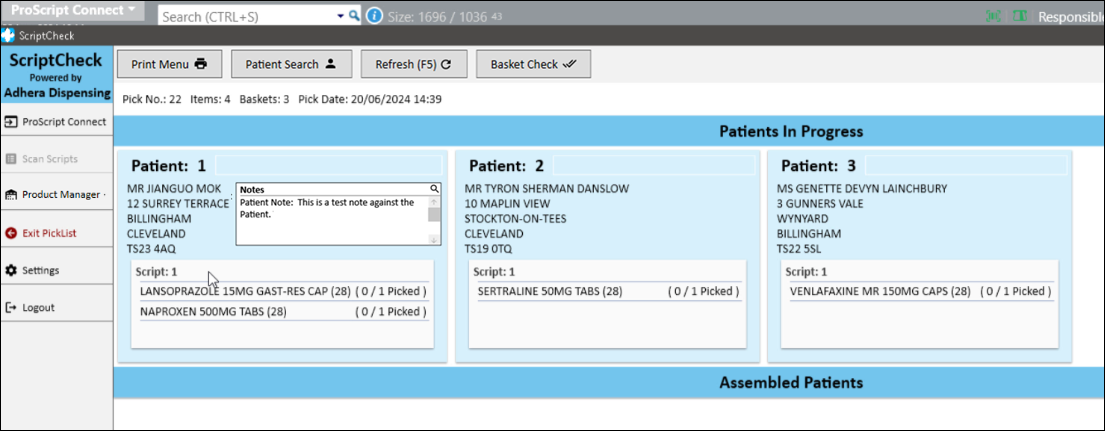 An image of the patients in progress screen, with detailed scripts for each patient.